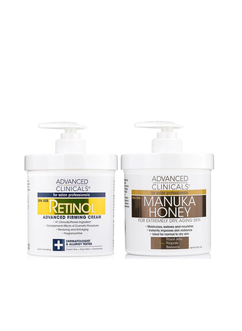 Advanced Clinicals Retinol Body Lotion + Manuka Honey Cream 2pc Set | Moisturizer Face Lotion & Body Cream | Crepey Skin Care Treatment | Retinol Cream Targets Look Of Crepe Skin & Sagging Skin, 2pc