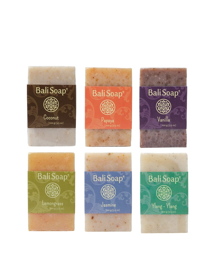 Bali Soap - Green Collection - Natural Soap Bar Gift Set, Face Soap or Body Soap, 6 pc Variety Soap Pack (Coconut, Papaya, Vanilla, Lemongrass, Jasmine, Ylang-Ylang) 3.5 Oz each