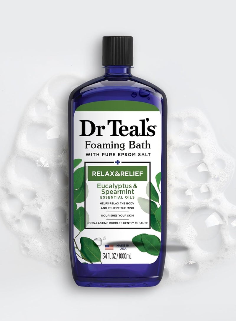 Dr Teal's Foaming Bath with Pure Epsom Salt, Relax & Relief with Eucalyptus & Spearmint, 34 fl oz (Pack of 4) (Packaging May Vary)