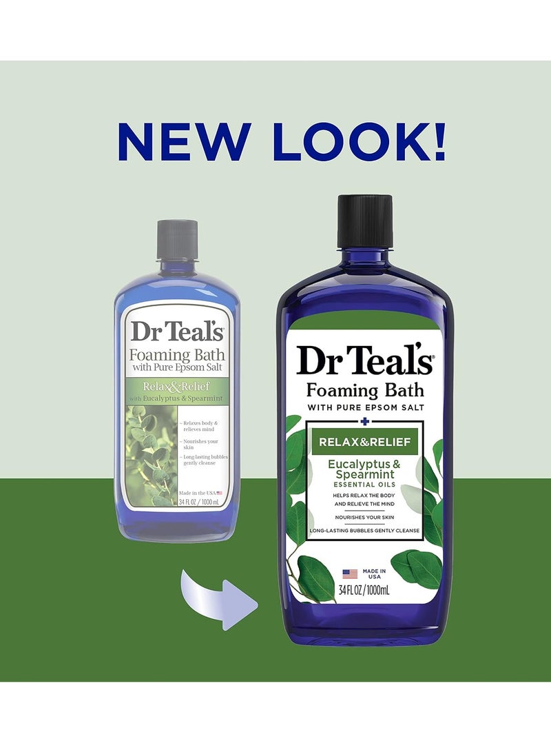 Dr Teal's Foaming Bath with Pure Epsom Salt, Relax & Relief with Eucalyptus & Spearmint, 34 fl oz (Pack of 4) (Packaging May Vary)