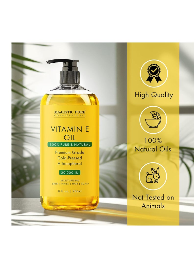 MAJESTIC PURE Vitamin E Oil - 100% Pure & Natural, 20,000 IU | Premium Grade, Cold-Pressed and Tocopherol to Repair Dry, Damaged Skin| Moisturizing Skin, Hair and Scalp 8Fl Oz