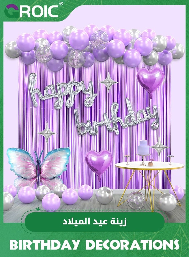 44 Pcs Purple Birthday Party Decorations for Girls Women, Lavender Purple and Sliver Butterfly Party Decor Set Including Happy Birthday Banner, Balloons Arch Kit ,Fringe Curtain Background