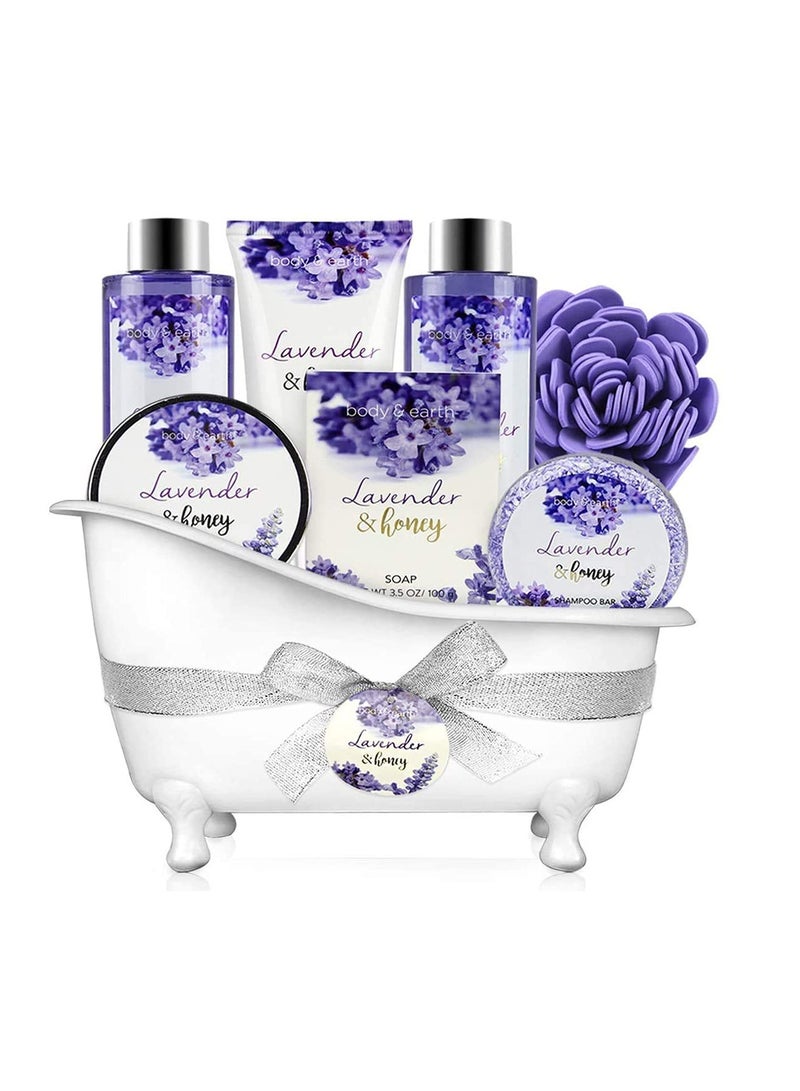 Bath and Body Gift Set - Lavender Gifts for Women, Body & Earth Bath & Shower Sets, 8 Pcs Lavender Honey Gift Sets with Bubble Bath, Lotion Set, Soap, Spa Kit for Women, Mothers Day Gifts for Mom