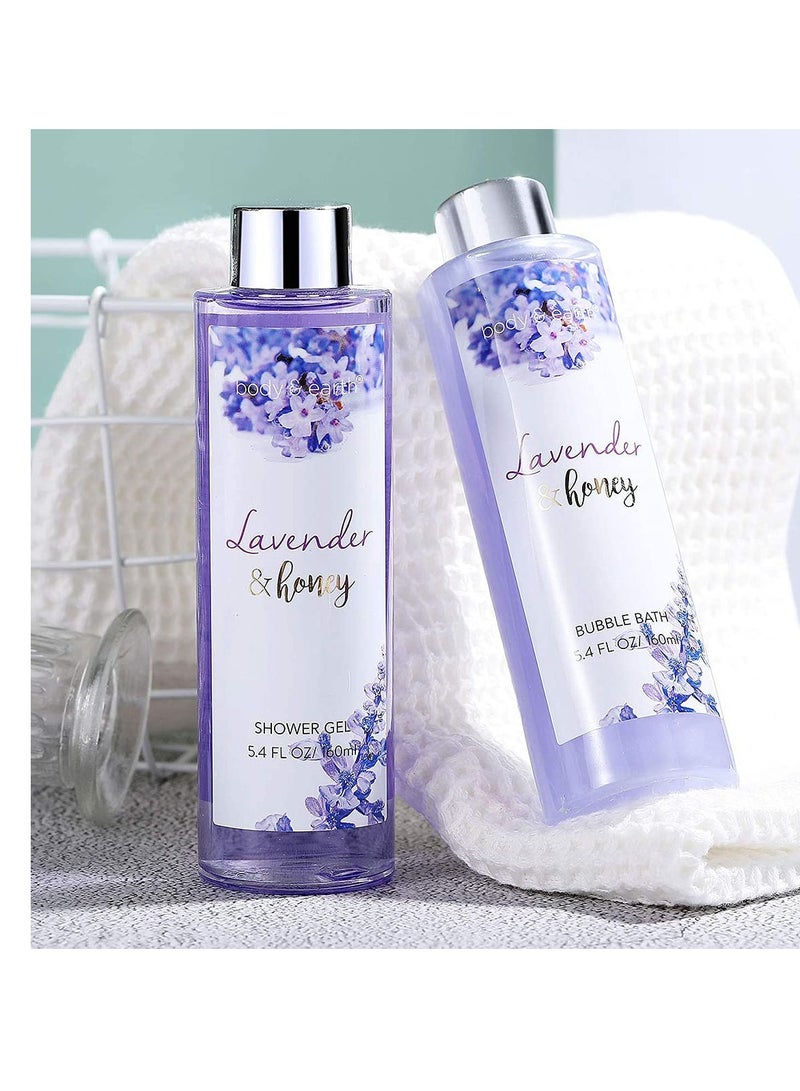 Bath and Body Gift Set - Lavender Gifts for Women, Body & Earth Bath & Shower Sets, 8 Pcs Lavender Honey Gift Sets with Bubble Bath, Lotion Set, Soap, Spa Kit for Women, Mothers Day Gifts for Mom