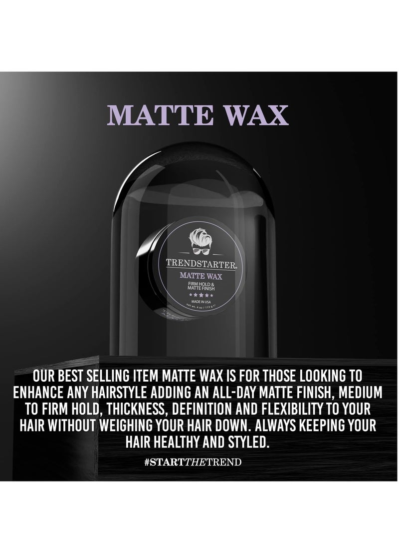 TRENDSTARTER - MATTE WAX (4oz) - Firm Hold - Matte Finish - Fiber Pomade - Premium Water Based All-Day Hold Hair Styling Pomade – Flake-Free Styling Wax for All Hair Types