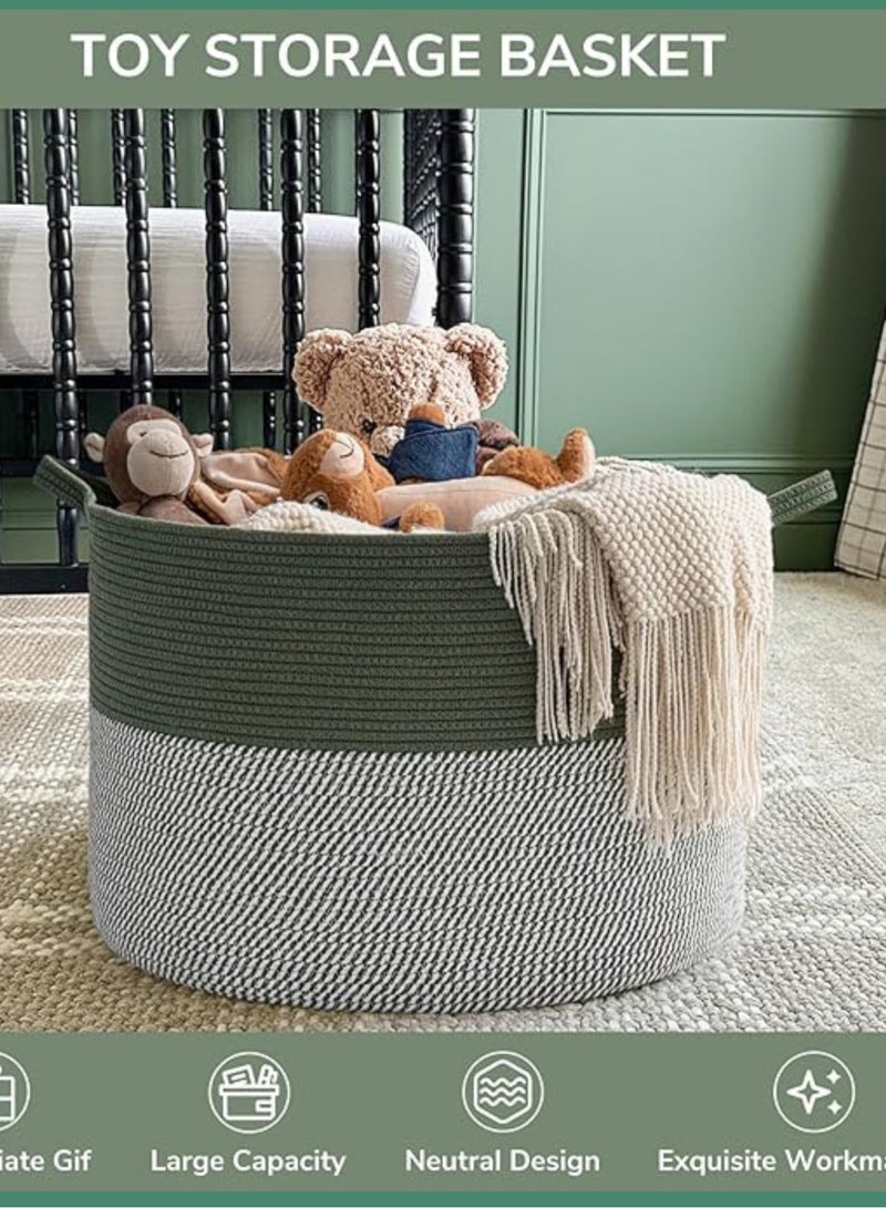 100% Natural Handmade Cotton Rope Laundry Basket - 51L Storage Hamper for Clothes, Blankets & Toys (Green, 21.7