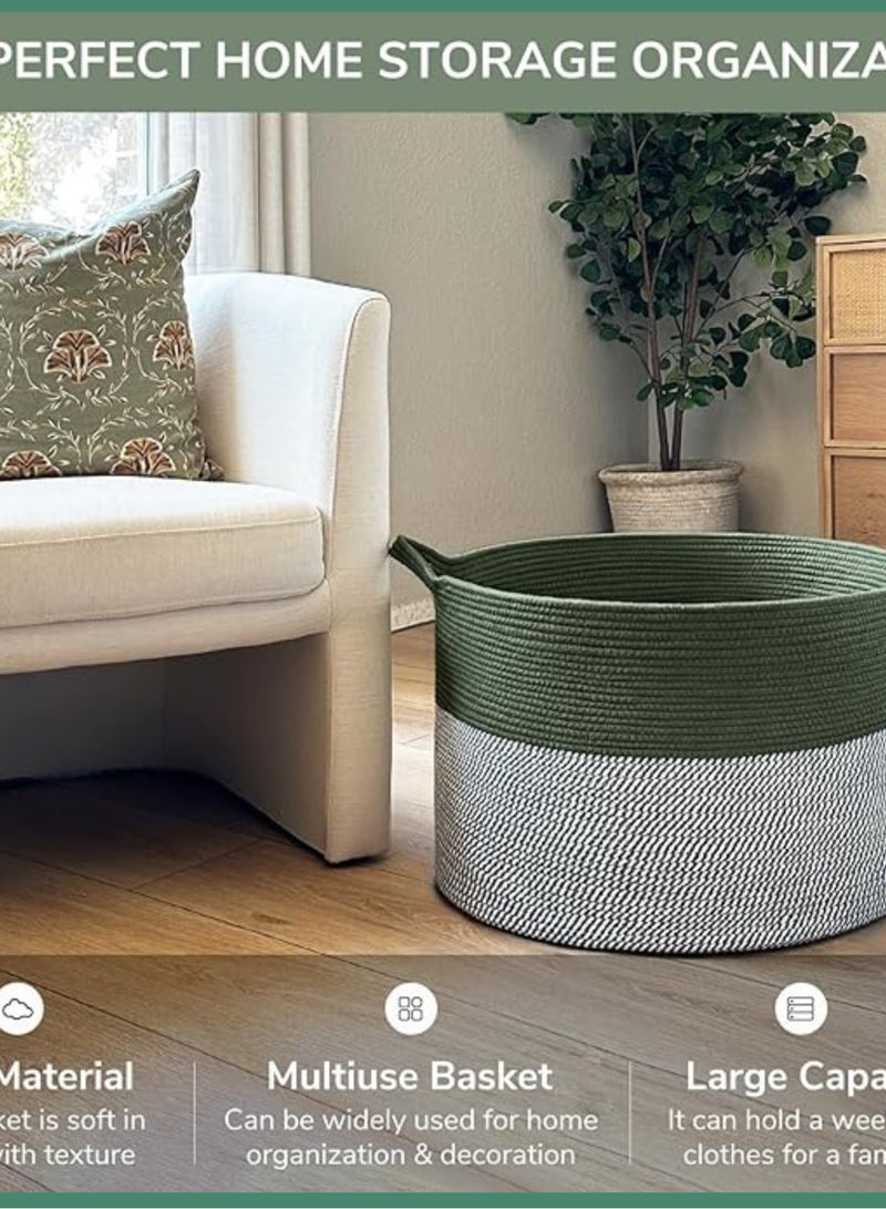 100% Natural Handmade Cotton Rope Laundry Basket - 51L Storage Hamper for Clothes, Blankets & Toys (Green, 21.7