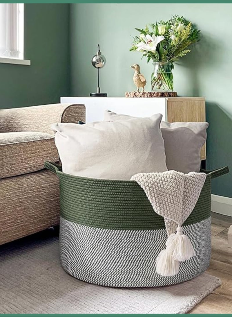 100% Natural Handmade Cotton Rope Laundry Basket - 51L Storage Hamper for Clothes, Blankets & Toys (Green, 21.7