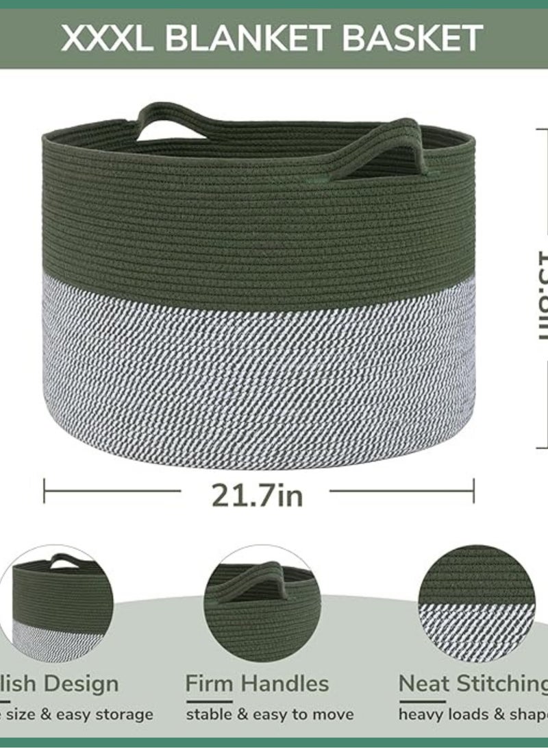 100% Natural Handmade Cotton Rope Laundry Basket - 51L Storage Hamper for Clothes, Blankets & Toys (Green, 21.7