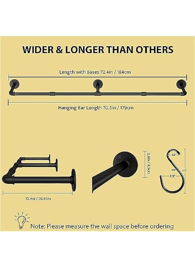 Wall Mounted Clothes Rack, 72.5in Industrial Pipe Clothes Rod Hanging Clothing Rack,Heavy Duty Iron Pipe,Multi-Purpose Hanging Clothes Rack, Space-Saving Closet Rod for Laundry Room/Living Room