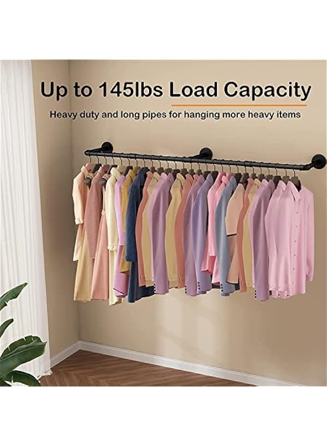 Wall Mounted Clothes Rack, 72.5in Industrial Pipe Clothes Rod Hanging Clothing Rack,Heavy Duty Iron Pipe,Multi-Purpose Hanging Clothes Rack, Space-Saving Closet Rod for Laundry Room/Living Room