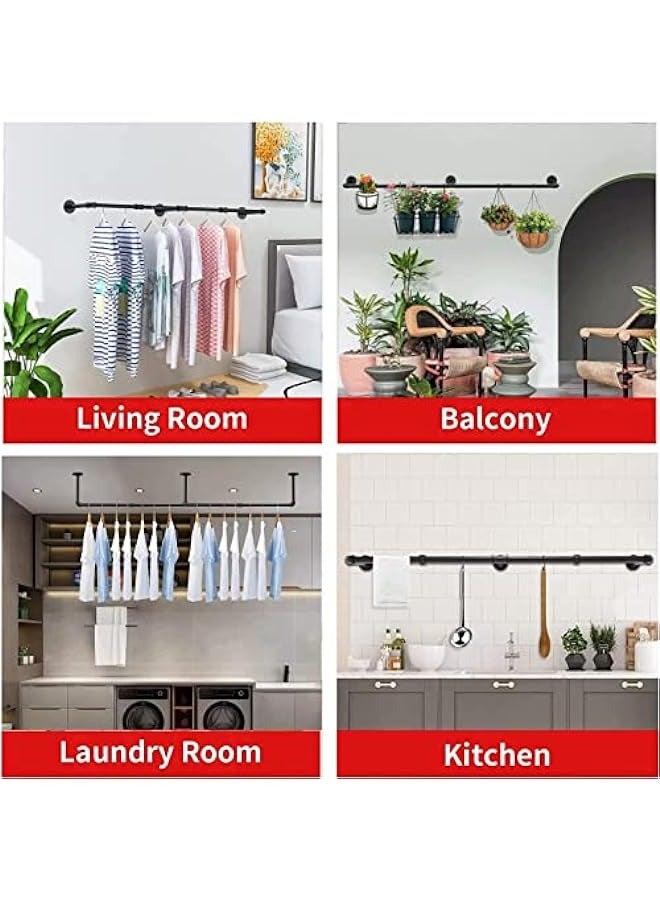 Wall Mounted Clothes Rack, 72.5in Industrial Pipe Clothes Rod Hanging Clothing Rack,Heavy Duty Iron Pipe,Multi-Purpose Hanging Clothes Rack, Space-Saving Closet Rod for Laundry Room/Living Room