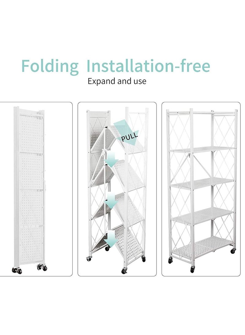 5 Tier Foldable Standing Storage Rack Shelf Unit With Wheel for Kitchen Garage Home Closet Office Heavy Duty Shelves White