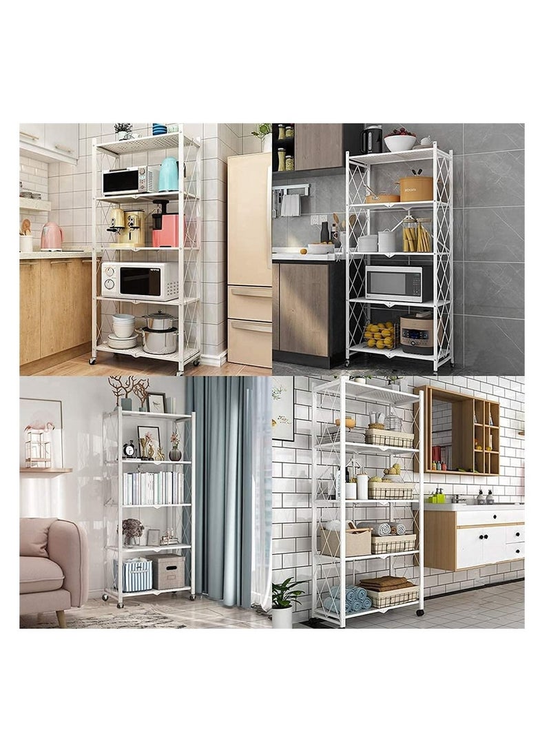 5 Tier Foldable Standing Storage Rack Shelf Unit With Wheel for Kitchen Garage Home Closet Office Heavy Duty Shelves White