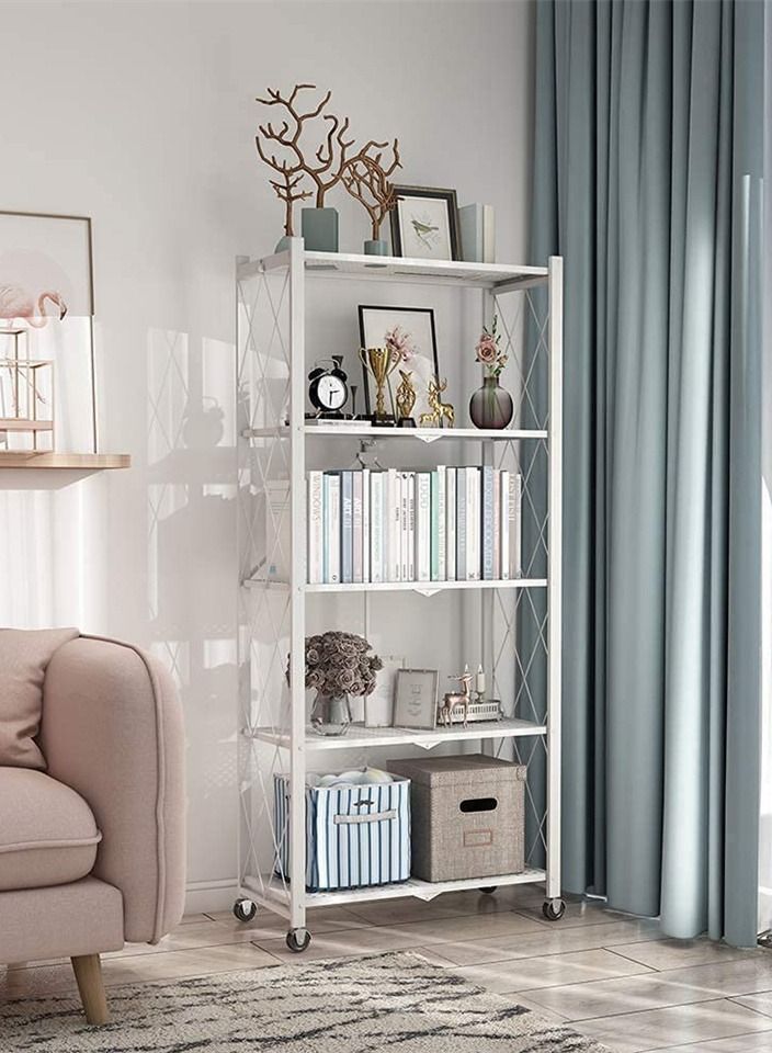 5 Tier Foldable Standing Storage Rack Shelf Unit With Wheel for Kitchen Garage Home Closet Office Heavy Duty Shelves White