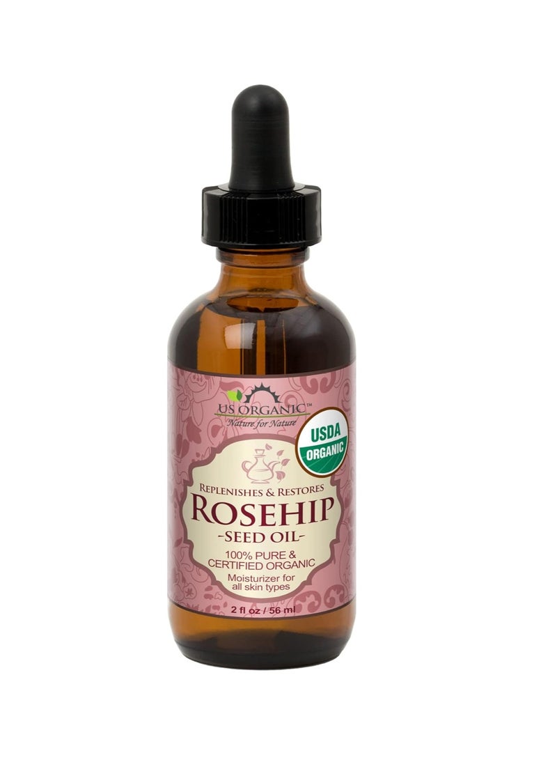 US Organic Rosehip Seed Oil, USDA Certified Organic, Cold Pressed, Virgin Organic, Amber Glass Bottle and Glass Eye Dropper for Easy Application - 2 oz (56 ml)