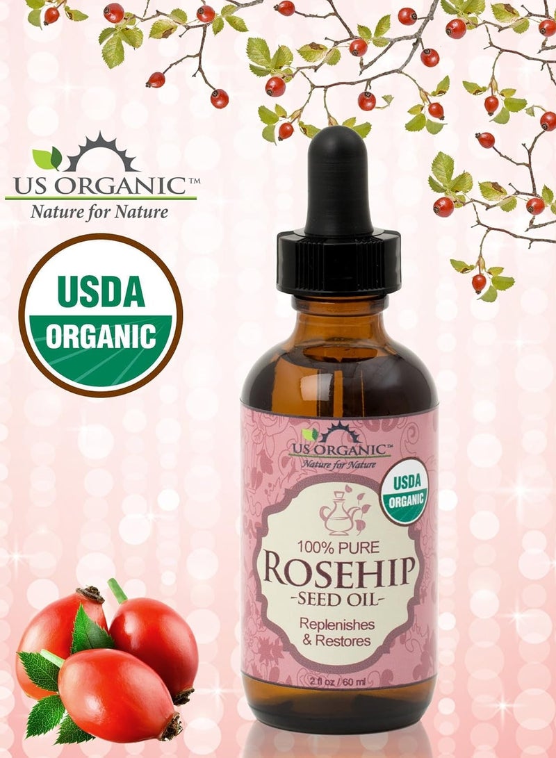 US Organic Rosehip Seed Oil, USDA Certified Organic, Cold Pressed, Virgin Organic, Amber Glass Bottle and Glass Eye Dropper for Easy Application - 2 oz (56 ml)