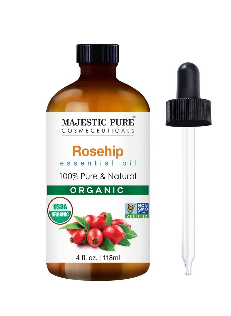 Majestic Pure Organic Rosehip Oil | USDA Organic Oil Rose Hip for Face, Skin, Hair & Massage | Acne Scars & Facial Oil | for Women & Men | 4fl oz