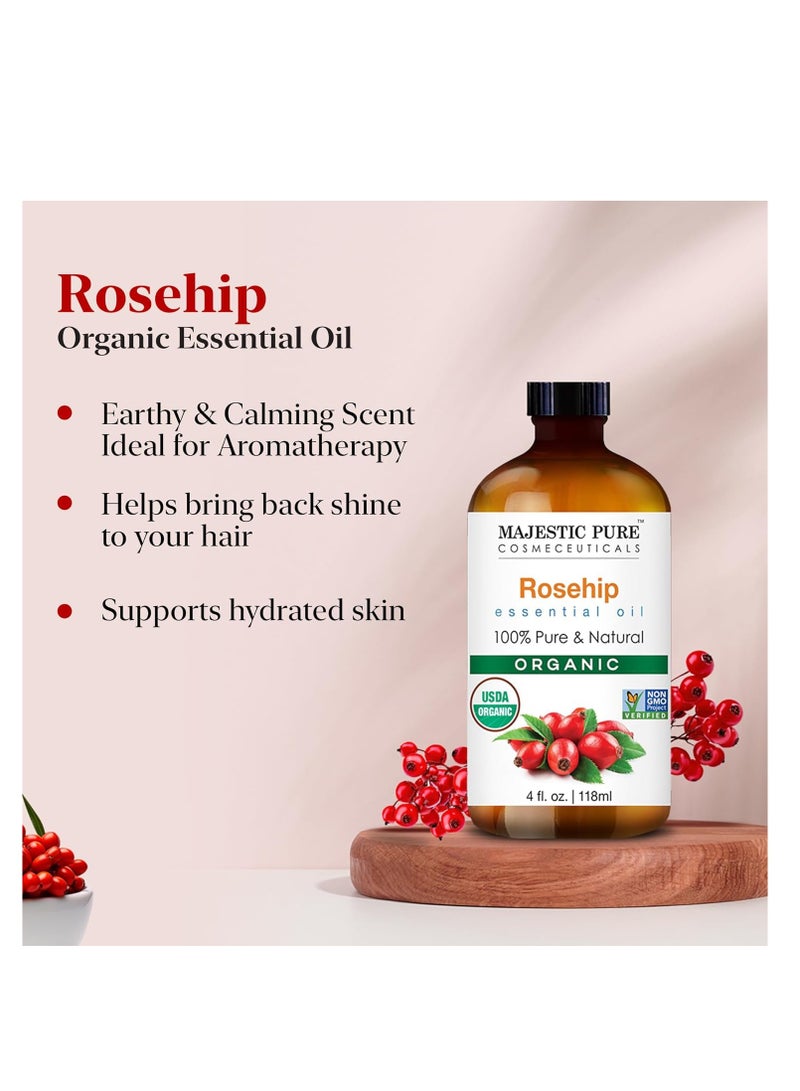 Majestic Pure Organic Rosehip Oil | USDA Organic Oil Rose Hip for Face, Skin, Hair & Massage | Acne Scars & Facial Oil | for Women & Men | 4fl oz