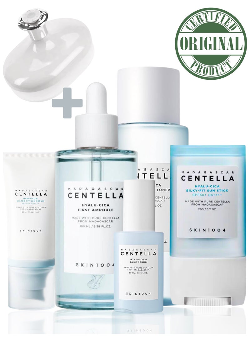 Centella Hyalu-Cica Skincare Set, Silky-Fit Sun Stick 12G, Brightening Toner 210Ml, First Ampoule 100Ml, Blue Serum 50Ml And Face Scrubber