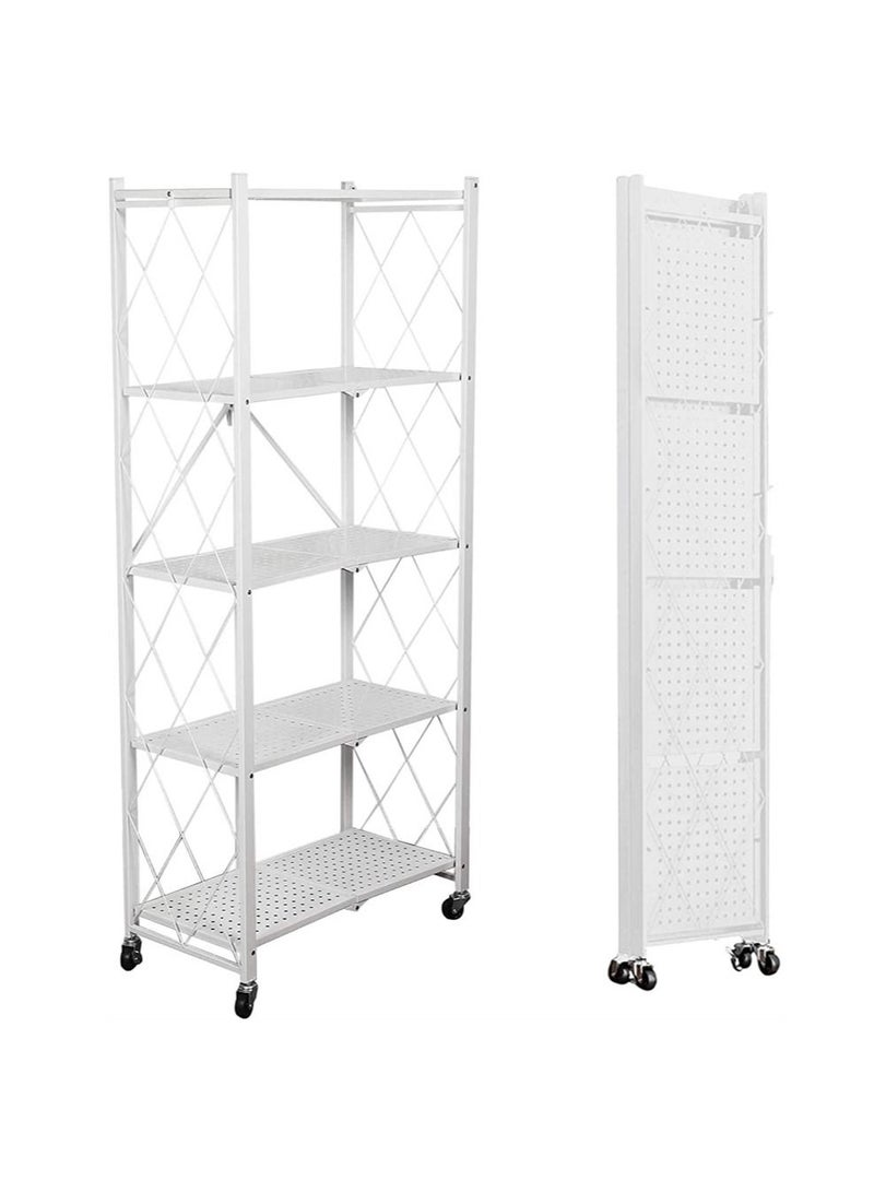 5Tier White Metal Organizer Foldable Storage Shelf With Wheel For Garage Kitchen Home Laundry Bathroom