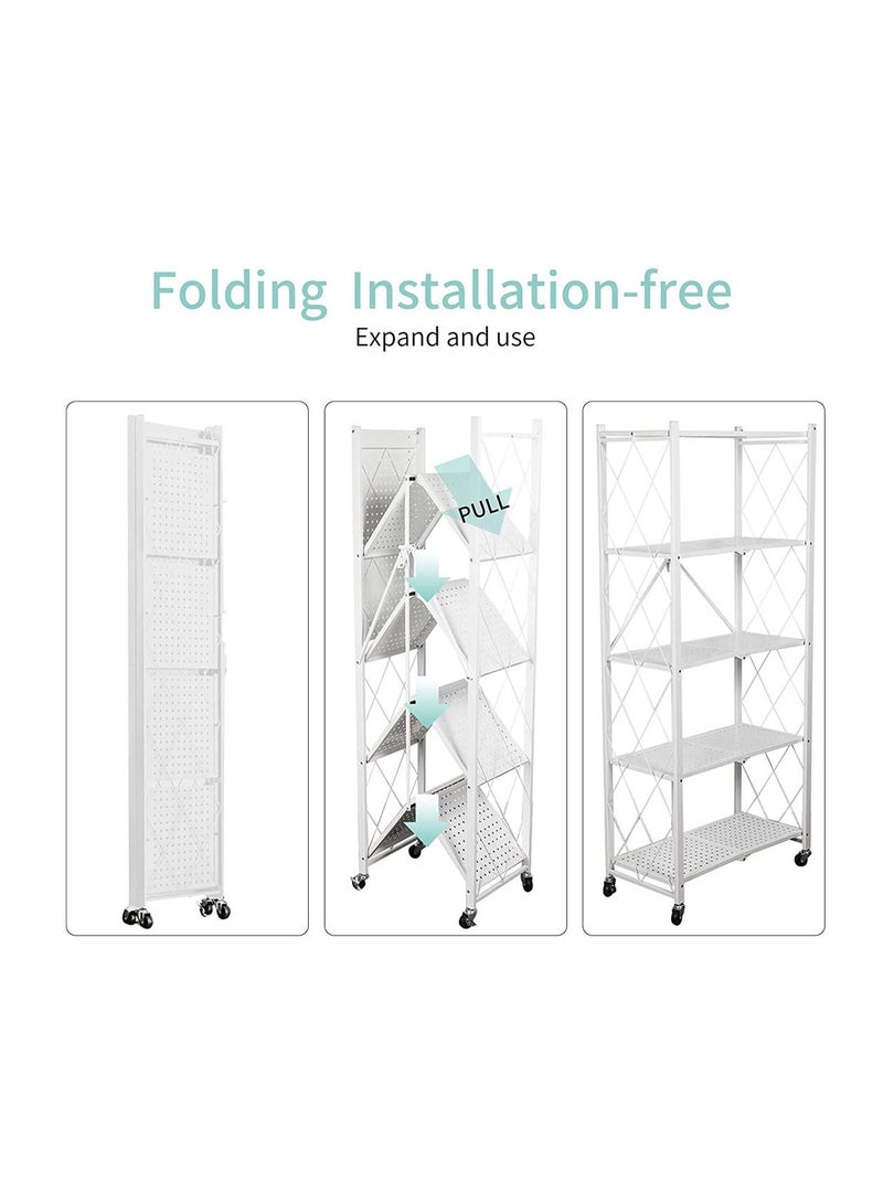 5Tier White Metal Organizer Foldable Storage Shelf With Wheel For Garage Kitchen Home Laundry Bathroom