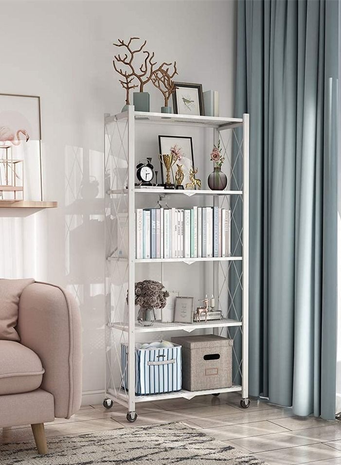5Tier White Metal Organizer Foldable Storage Shelf With Wheel For Garage Kitchen Home Laundry Bathroom