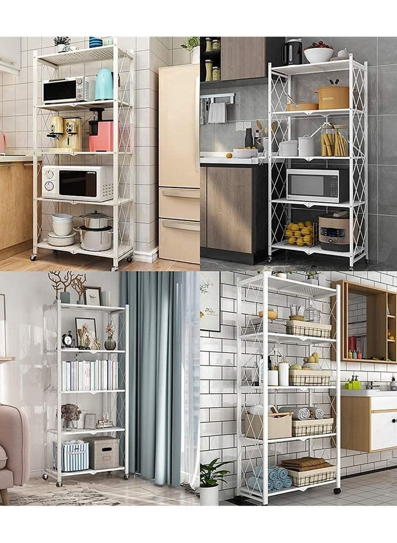5Tier White Metal Organizer Foldable Storage Shelf With Wheel For Garage Kitchen Home Laundry Bathroom