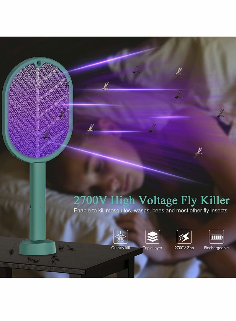 Electric Fly Swatter Handheld/Standing/Wall Mounted Mosquito Killer with Base Smart Home Use USB Rechargeable LED Light 3 Layer Safety Mesh Fruit Fly Insect Trap Racket for Indoor Camping Outdoor