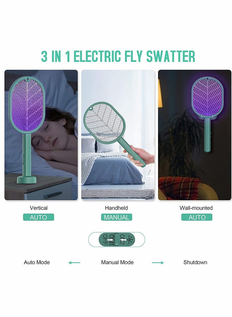 Electric Fly Swatter Handheld/Standing/Wall Mounted Mosquito Killer with Base Smart Home Use USB Rechargeable LED Light 3 Layer Safety Mesh Fruit Fly Insect Trap Racket for Indoor Camping Outdoor