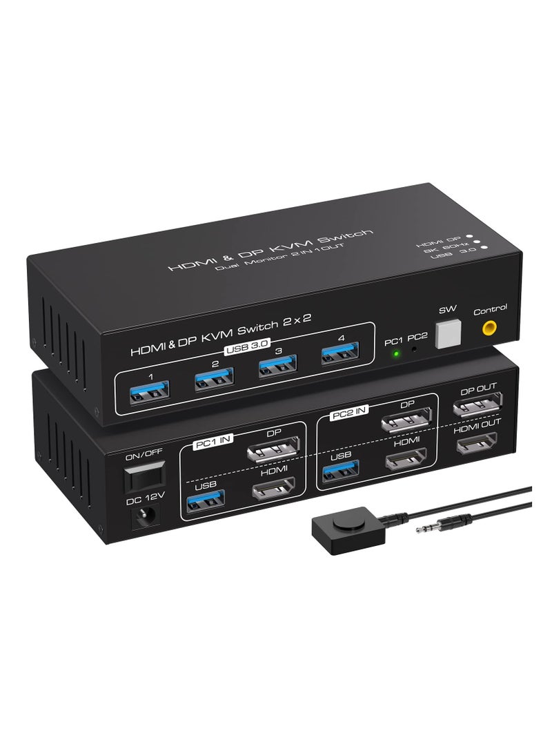 8K@60Hz HDMI & DisplayPort KVM Switch for Dual Monitors - 2 Computers, USB 3.0 Support, Share 4 USB Devices, Includes 2 USB Cables & DC Adapter, Perfect for Multi-Monitor Setup.