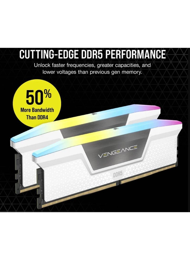 VENGEANCE RGB 32GB (2x16GB) DDR5 Desktop Memory Kit, 6400MHz Memory Speed, 32-40-40-84 CAS Latency, Intel XMP 3.0, 1.40 Voltage, 288 Pin, Dynamic Multi-Zone RGB, White | CMH32GX5M2B6400C32W
