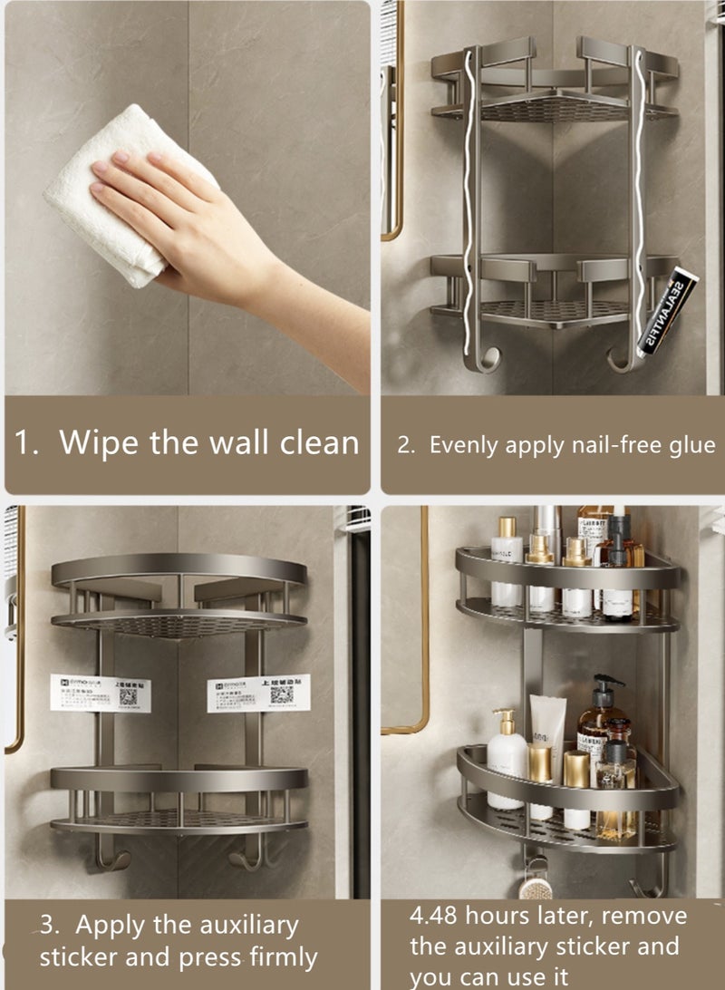 3-Piece  Bathroom Corner  Shelf Shower Shampoo Soap Organizer Wall Mounts Storage Rack Aluminum Alloy Gray 59.5x28x21 cm