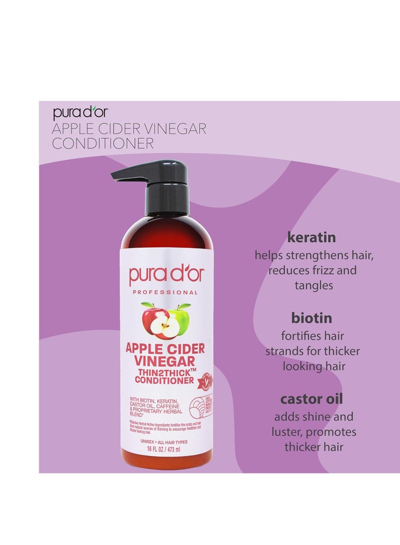 PURA D'OR Apple Cider Vinegar Thin2Thick Set Shampoo Conditioner for Regrowth, Hair Loss, Clarifying, Detox (2 x 16oz) Biotin, Keratin, Caffeine, Castor Oil, All Hair Type, Men/Women, Packaging varies Product Name