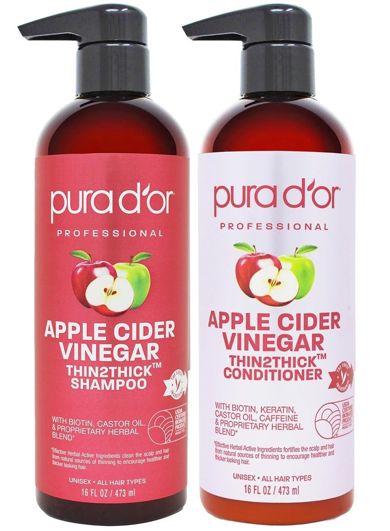 PURA D'OR Apple Cider Vinegar Thin2Thick Set Shampoo Conditioner for Regrowth, Hair Loss, Clarifying, Detox (2 x 16oz) Biotin, Keratin, Caffeine, Castor Oil, All Hair Type, Men/Women, Packaging varies Product Name