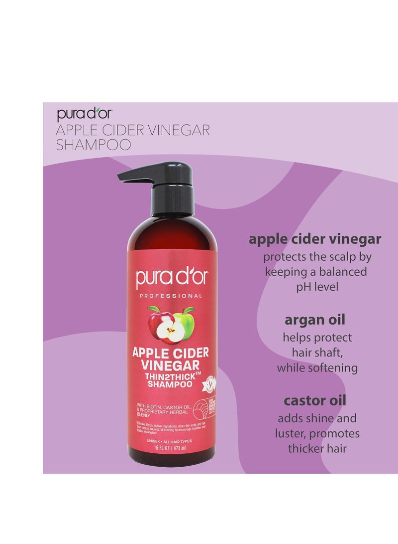 PURA D'OR Apple Cider Vinegar Thin2Thick Set Shampoo Conditioner for Regrowth, Hair Loss, Clarifying, Detox (2 x 16oz) Biotin, Keratin, Caffeine, Castor Oil, All Hair Type, Men/Women, Packaging varies Product Name