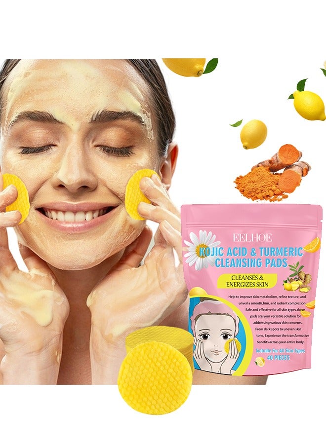 Kojic Acid Turmeric Cleansing Pads- Face Pore Cleaner Minimizer Acne Treatment, Chemical Peel Solution For Dark Spots, Breakouts, Scars, Reduce Wrinkle Lines 40 Pieces