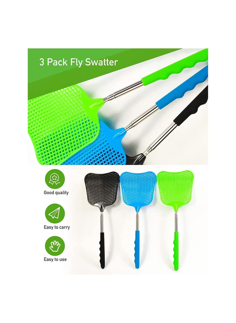 3 pcs Fly Swatter, Fly Swatter Plastic,Telescopic Fly Swatters, Large Bug Swatter That Work for Indoor and Outdoor. (Black Blue Green)