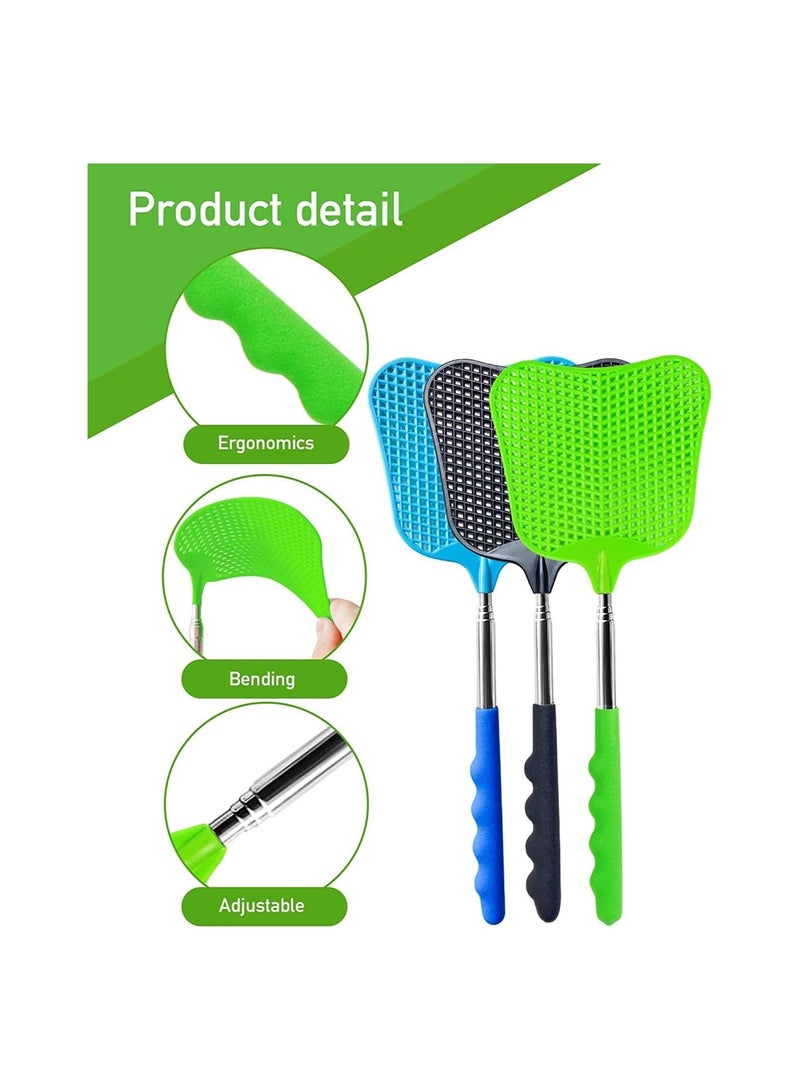 3 pcs Fly Swatter, Fly Swatter Plastic,Telescopic Fly Swatters, Large Bug Swatter That Work for Indoor and Outdoor. (Black Blue Green)