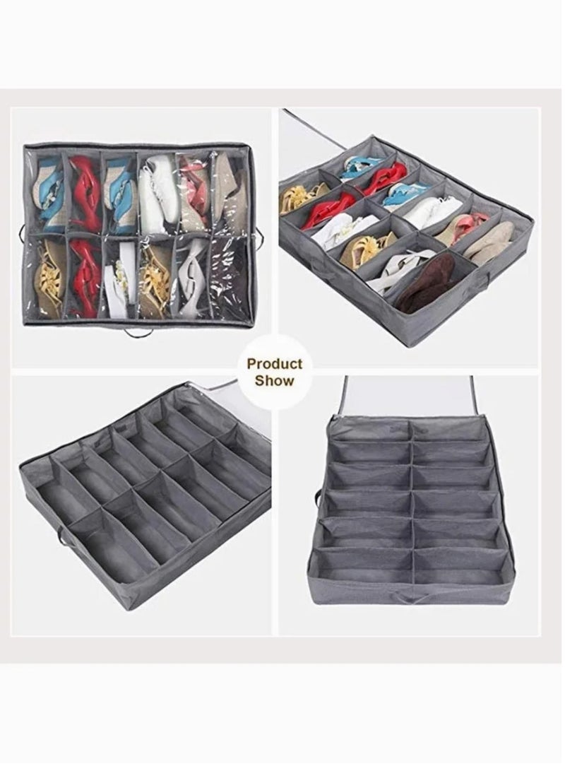 Organizing Bins Under Bed Shoes Tidy Organiser Foldable Fabric Holder Closet Large Heavy Duty Underbed Storage Bag with Clear Lid 80 x 63 x 15 cm Grey Pattern 12 Pockets x 2