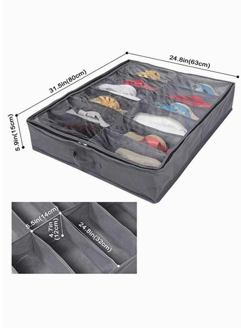 Organizing Bins Under Bed Shoes Tidy Organiser Foldable Fabric Holder Closet Large Heavy Duty Underbed Storage Bag with Clear Lid 80 x 63 x 15 cm Grey Pattern 12 Pockets x 2