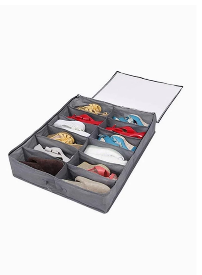 Organizing Bins Under Bed Shoes Tidy Organiser Foldable Fabric Holder Closet Large Heavy Duty Underbed Storage Bag with Clear Lid 80 x 63 x 15 cm Grey Pattern 12 Pockets x 2