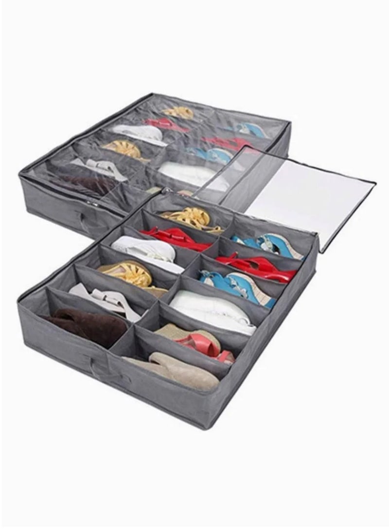 Organizing Bins Under Bed Shoes Tidy Organiser Foldable Fabric Holder Closet Large Heavy Duty Underbed Storage Bag with Clear Lid 80 x 63 x 15 cm Grey Pattern 12 Pockets x 2