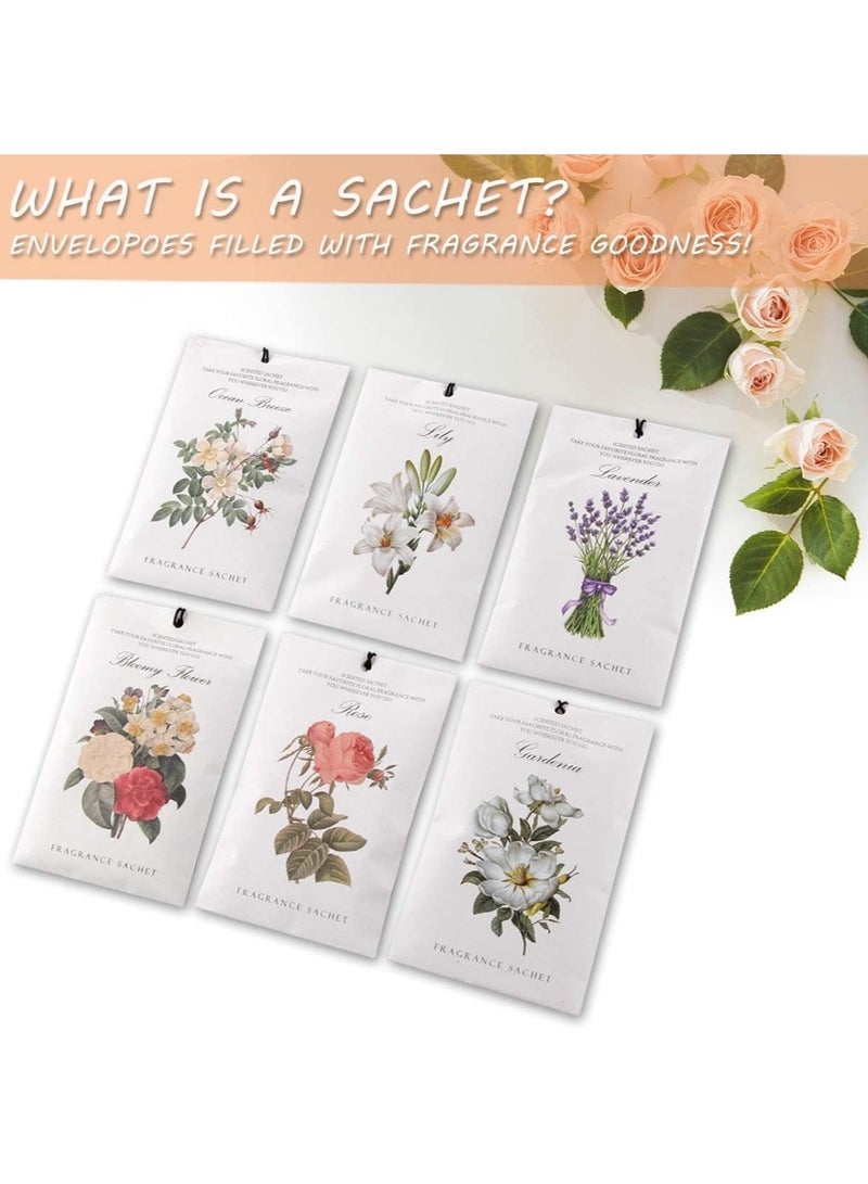 Lavender Jasmine Lily Rose Ocean Gardenia Flower Sachet 1Box 12Pcs 6 Scent Closet Air Deodorizer Freshener Scented Drawers Sachets Long Lasting Smell Goods for House Home Car Fragrance Products