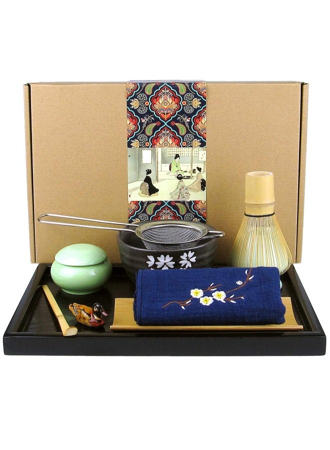 Artcome Japanese Matcha Tea Set  Matcha Whisk  Traditional Scoop  Matcha Bowl  Black Bamboo Tray  Ceramic Whisk Holder  Matcha Caddy  Handmade Matcha Ceremony Kit For Japanese Tea Ceremony  10Pcs