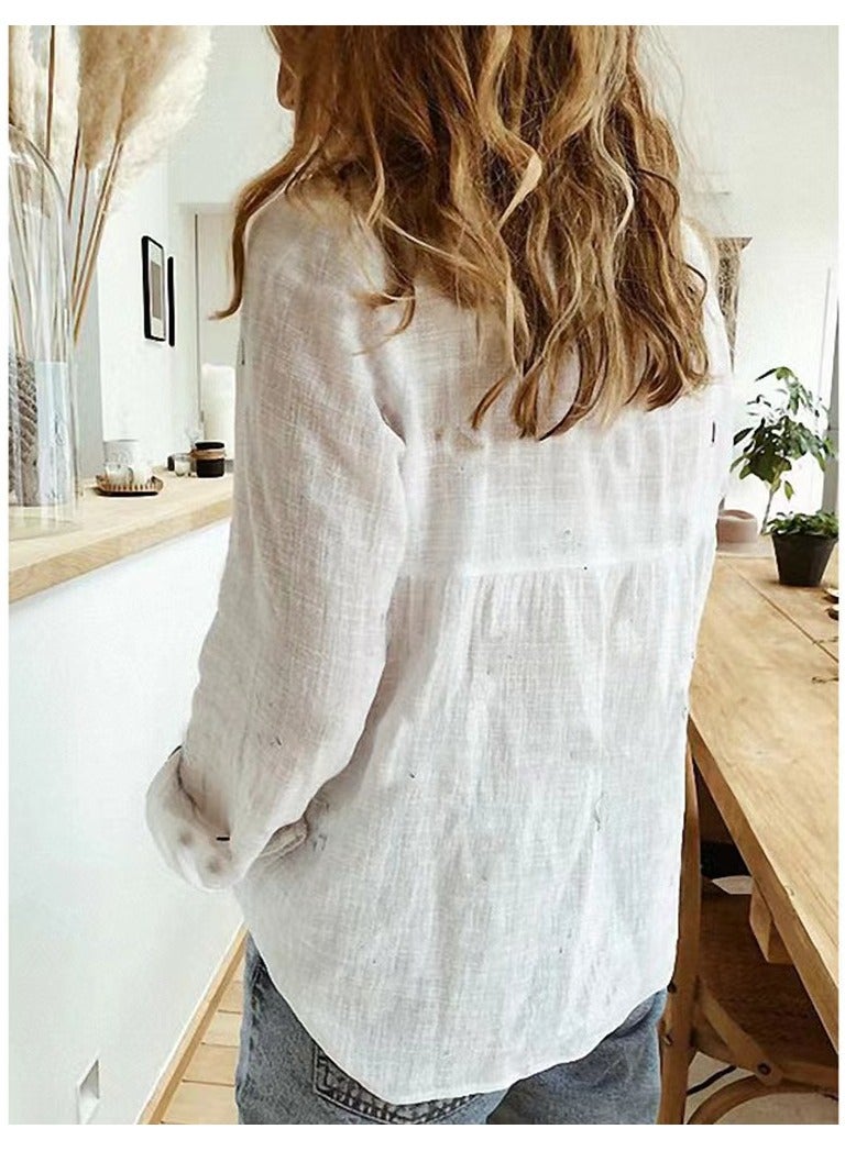 Fashionable women's V-neck rolled up sleeve button up shirt top