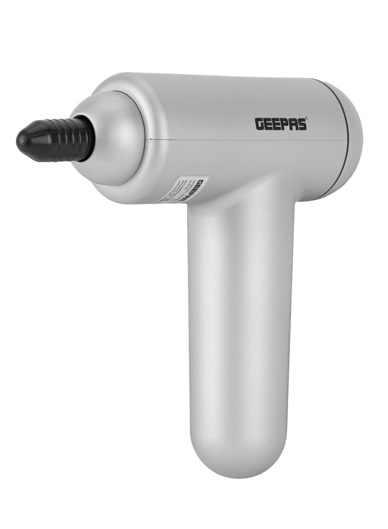 Geepas Rechargeable 4 In 1  Massage Gun With 60 Min. Working Time, 1200 mAH Battery, 6 Massage Intensity Levels, With USB Charging Cord, 4 Massage Heads Round, U-Shaped, Flat & Taper Head