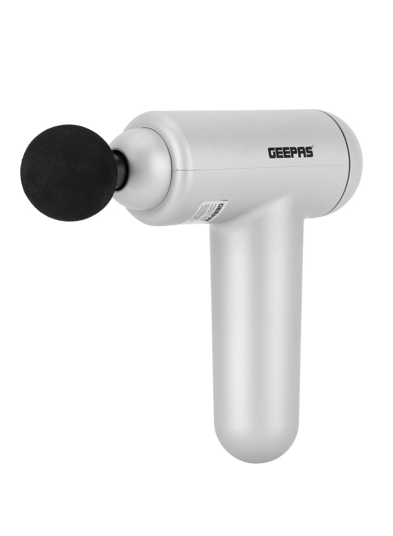 Geepas Rechargeable 4 In 1  Massage Gun With 60 Min. Working Time, 1200 mAH Battery, 6 Massage Intensity Levels, With USB Charging Cord, 4 Massage Heads Round, U-Shaped, Flat & Taper Head