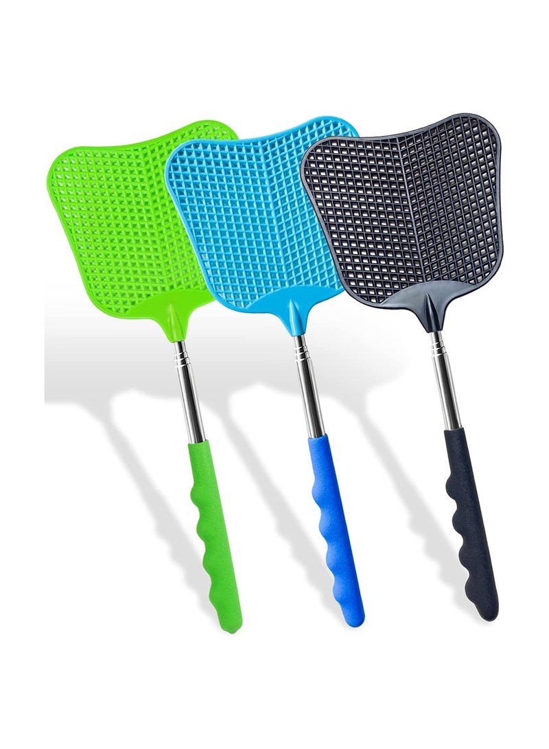 3 pcs Fly Swatter, Fly Swatter Plastic,Telescopic Fly Swatters, Large Bug Swatter That Work for Indoor and Outdoor. (Black Blue Green)