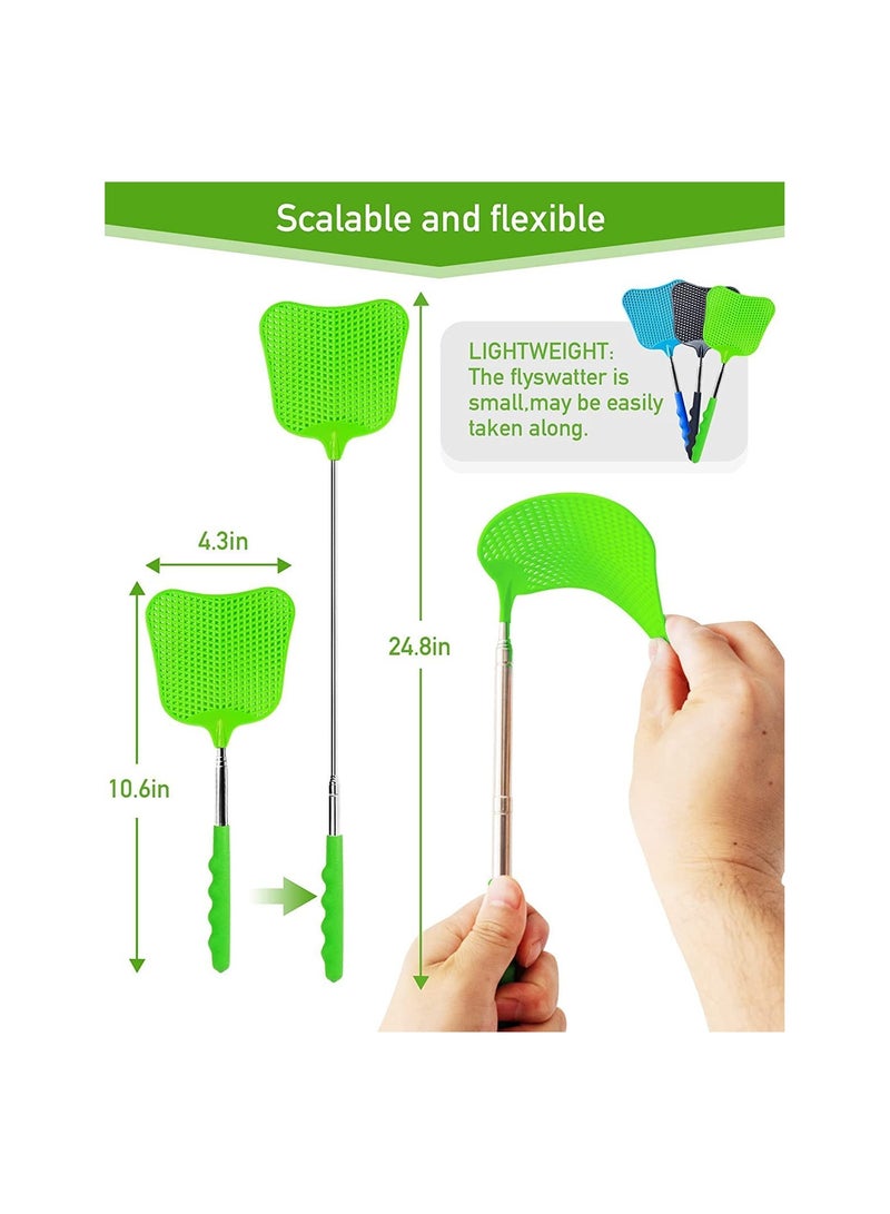 3 pcs Fly Swatter, Fly Swatter Plastic,Telescopic Fly Swatters, Large Bug Swatter That Work for Indoor and Outdoor. (Black Blue Green)